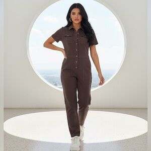 YFB Chocolate Brown Aviator Coverall Button Up shirt sleeve Jumpsuit Size Large